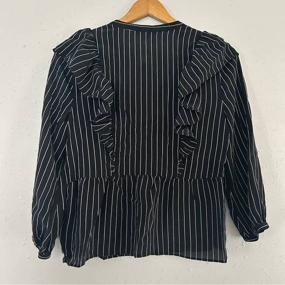 Madewell Black White PinStripe Ruffle Button Down Blouse Alexa Chung Medium Silk - Picture 4 of 6